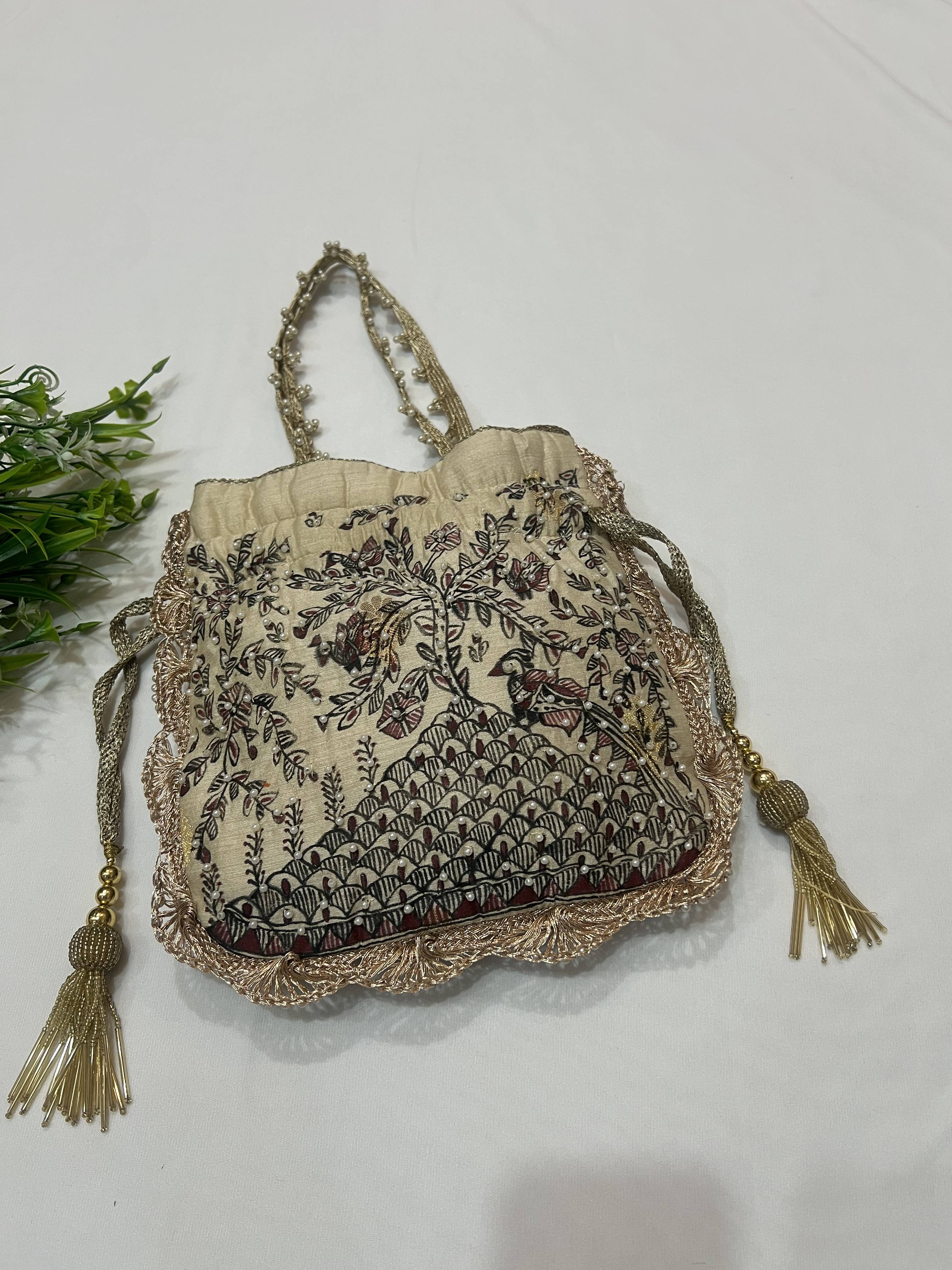 Hand-Painted Madhubani Tree of Life Potli on Beige